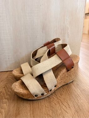 Cork Wedge Sandals with Beige Canvas Straps